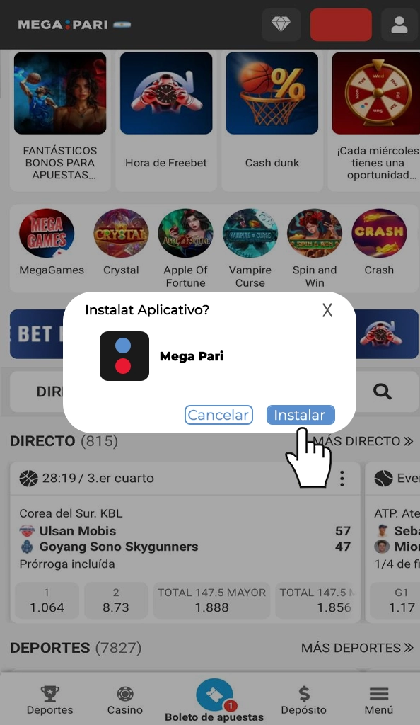Tap "Install" to complete the Megapari app setup and start playing online