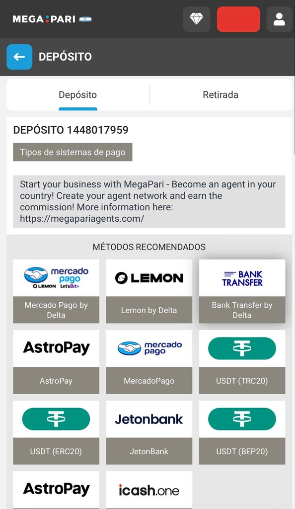 Deposit funds into your Megapari Casino account using your preferred payment method