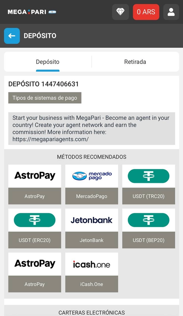 Deposit money into your Megapari Argentina account to play casino and bet