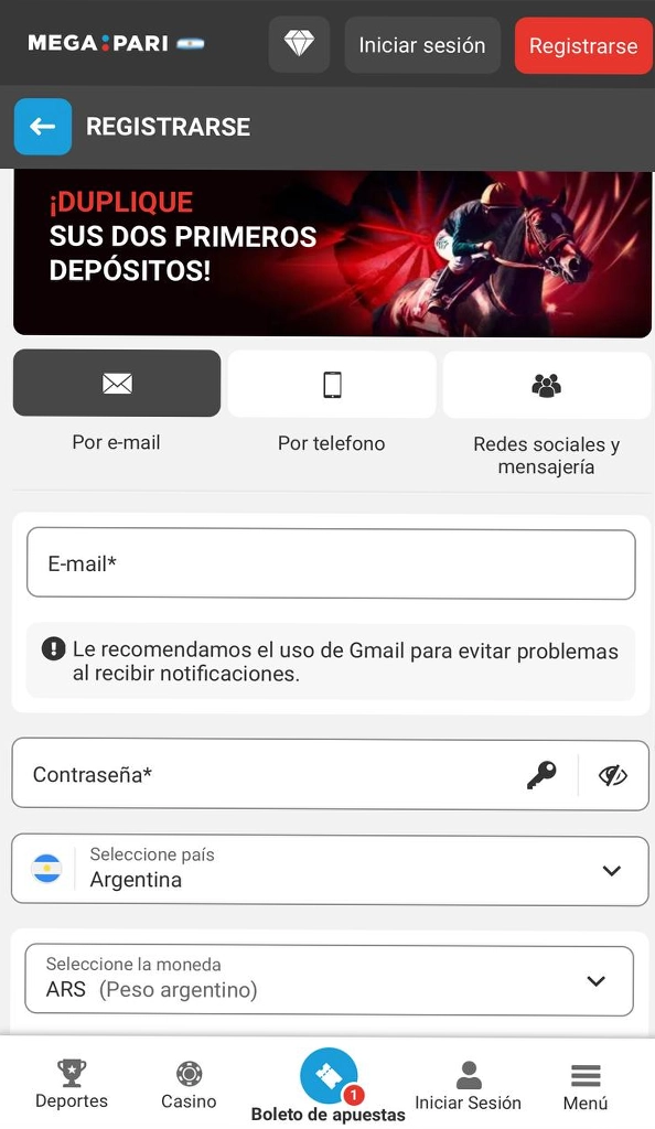 Press the Register button on Megapari Argentina and complete the signup form