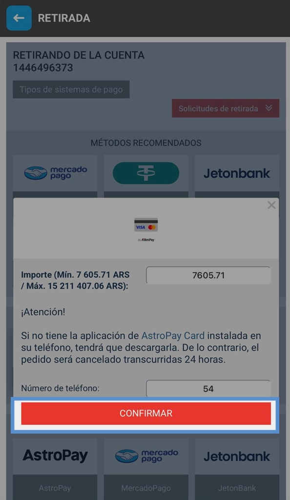 Final confirmation step in Mega Pari withdraw process