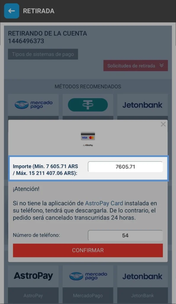 Setting withdrawal value in Megapari Argentina account before confirming transaction
