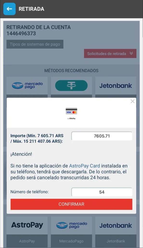 Selecting preferred withdrawal method in Megapari with Jeton Astropay and USDT options