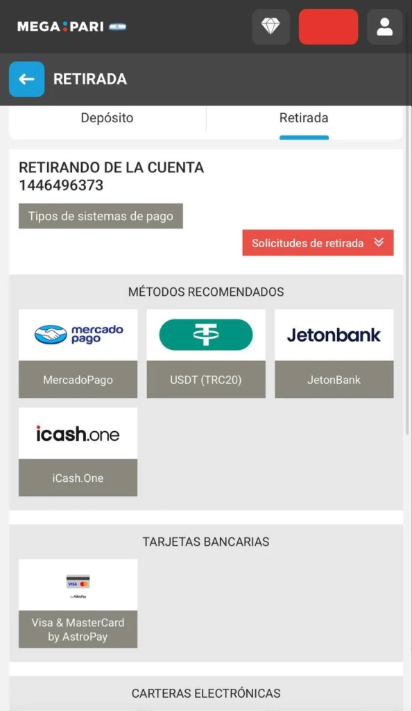 Withdrawal section in Megapari Argentina showing payment options