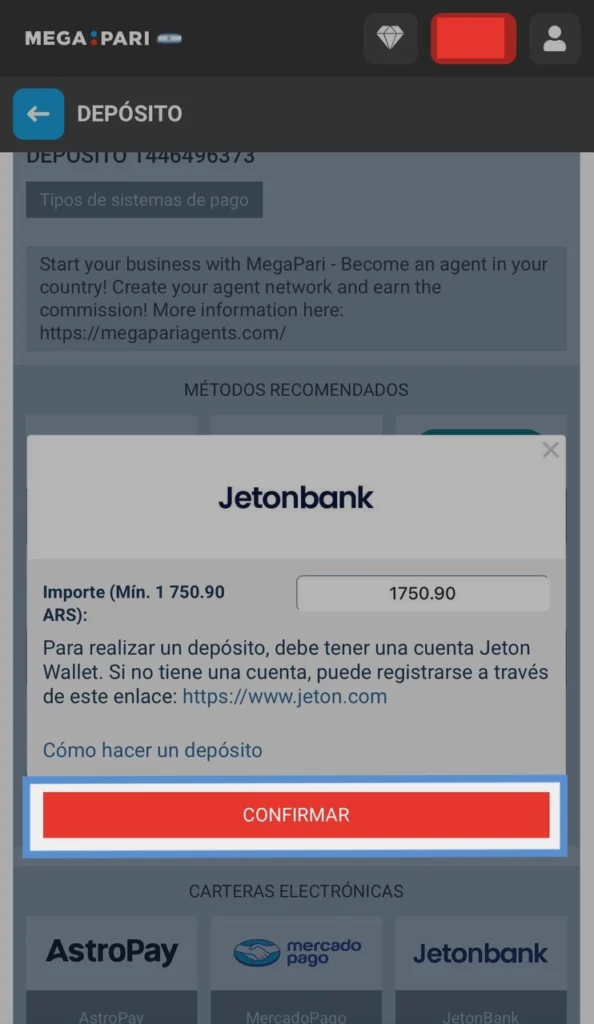 Confirma tu pago en Megapari Argentina para finalizar el depósito y empezar a jugar