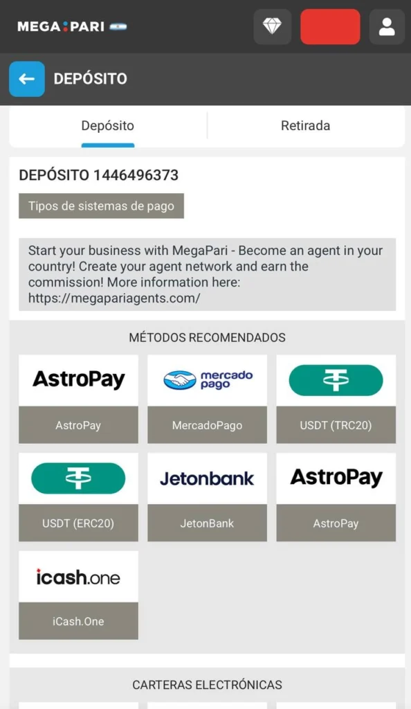 Ve a la página de depósitos de Megapari para recargar tu saldo utilizando métodos seguros