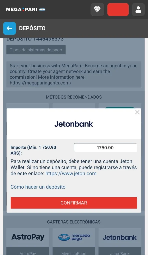 Seleccione su método de depósito preferido en Mega Pari, como Jeton o AstroPay