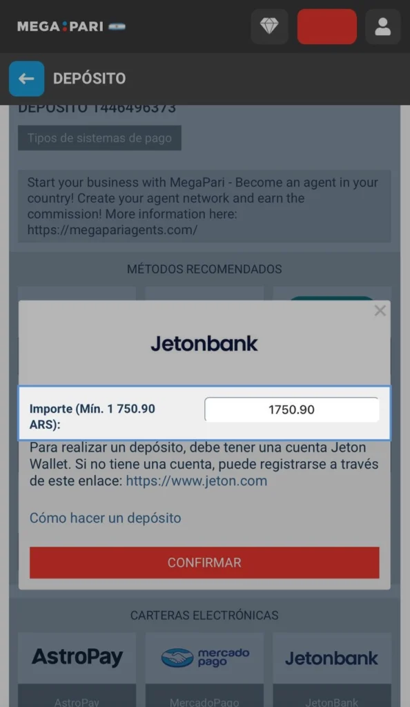 Introduzca el importe del depósito que desee en Megapari Argentina antes de confirmar el pago